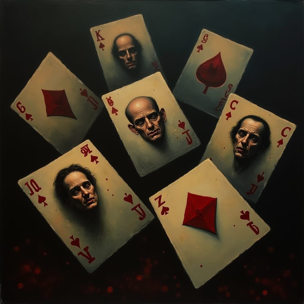 Surrealist Playing Cards with Faces in Dalí & Magritte Style