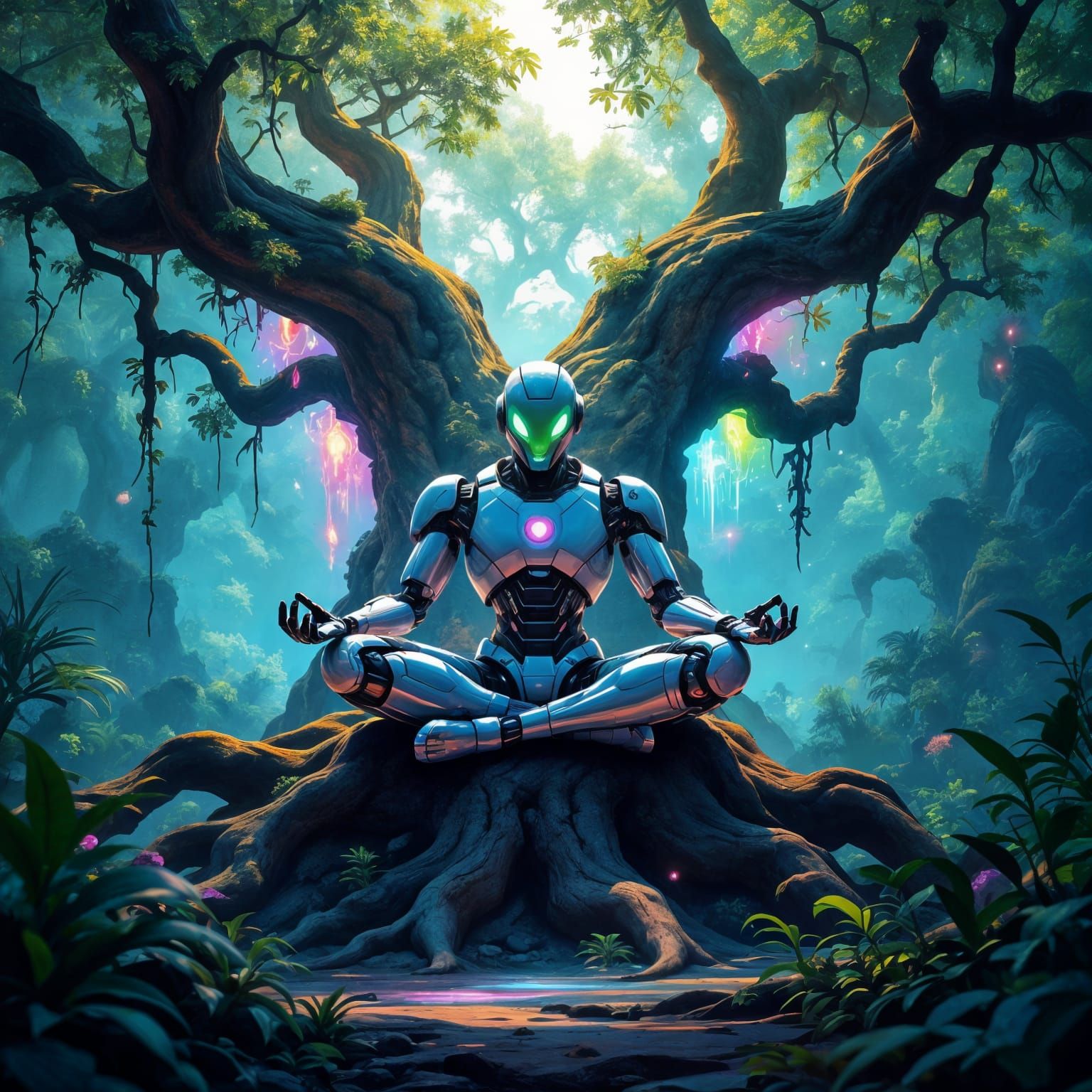 Robot Yogi Meditating in Alien Jungle