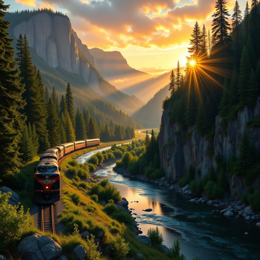 Amtrak Train at Sunset: Hudson River School Landscape