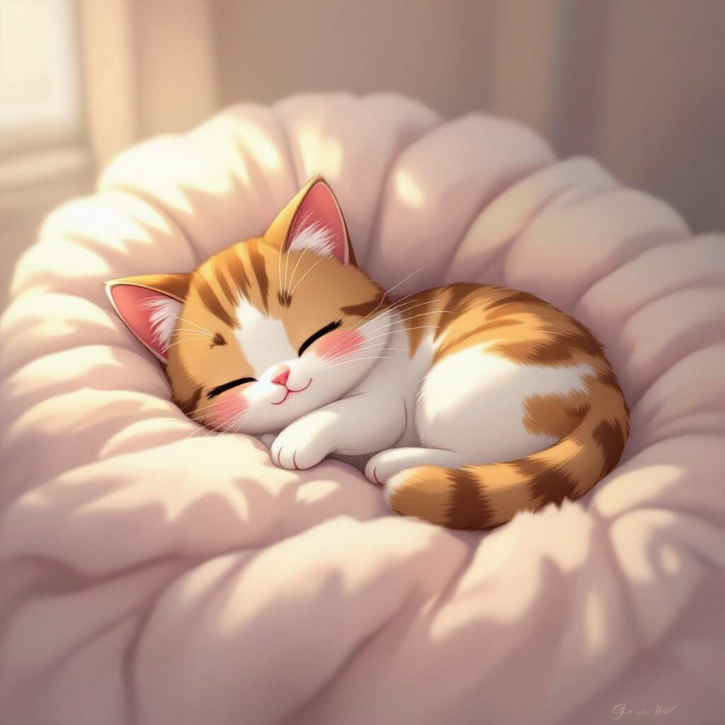 Cute Chibi Cat Sleeping in Cozy Bed
