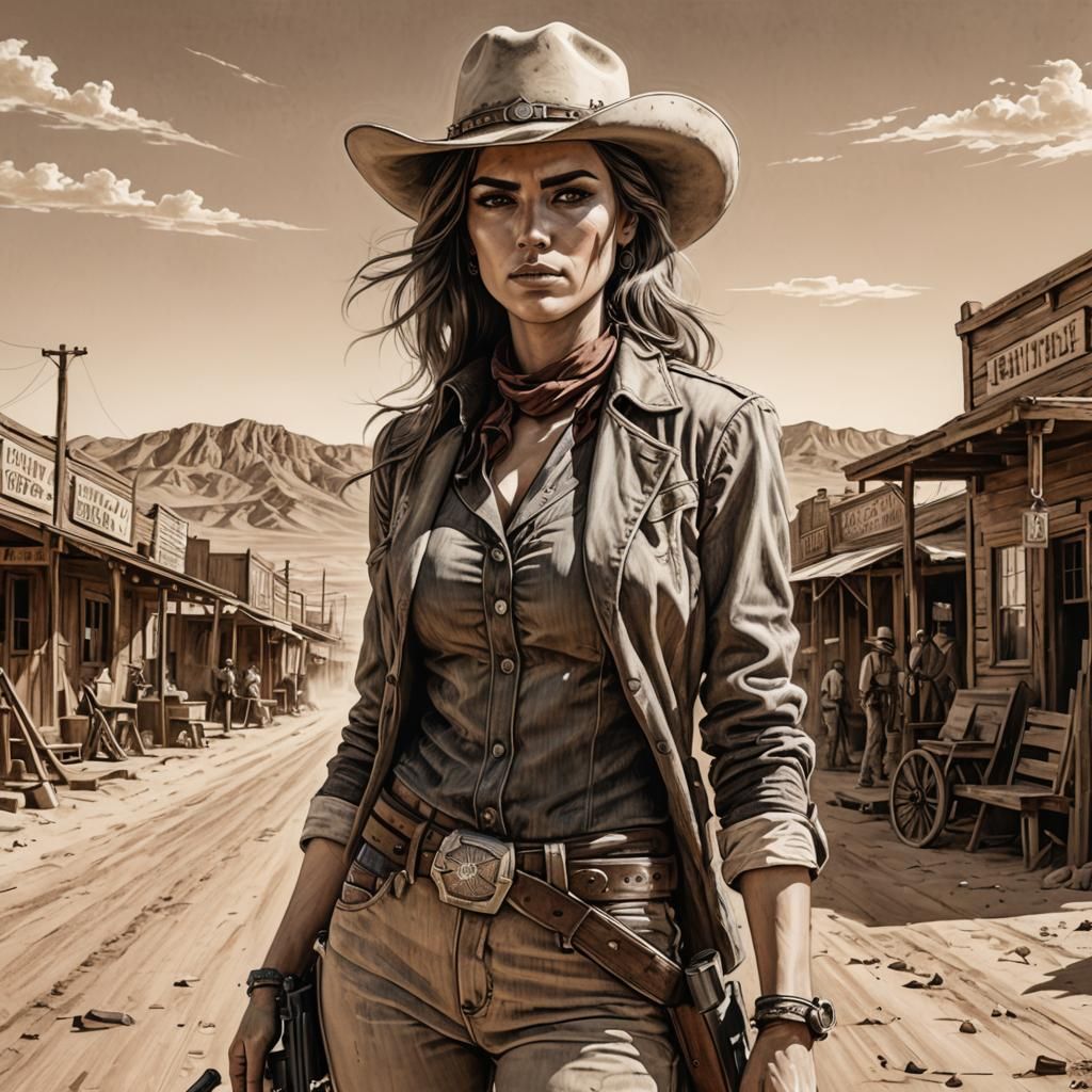 Female Gunslinger in Wild West Charcoal Drawing
