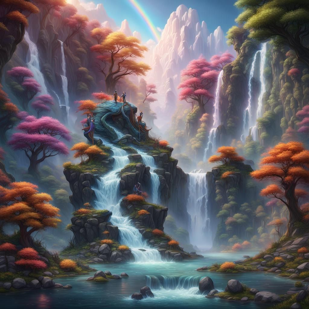Dragon Rider Above Rainbow River in Fantasy Art