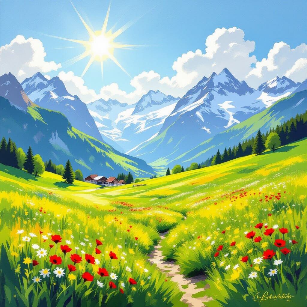 Spring Vista of Swiss Alps in Oil Painting Style
