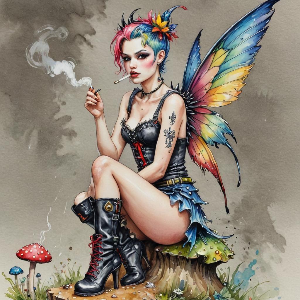 Punk Fairy Smoking Cigarette in Watercolour