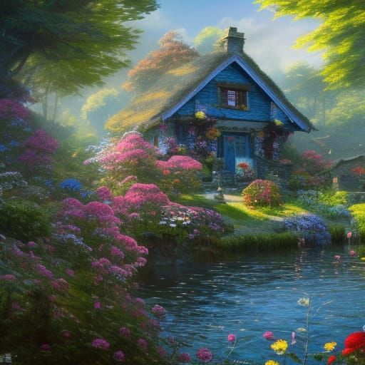 Cottagecore Village by Lakeside with Lush Flower Garden