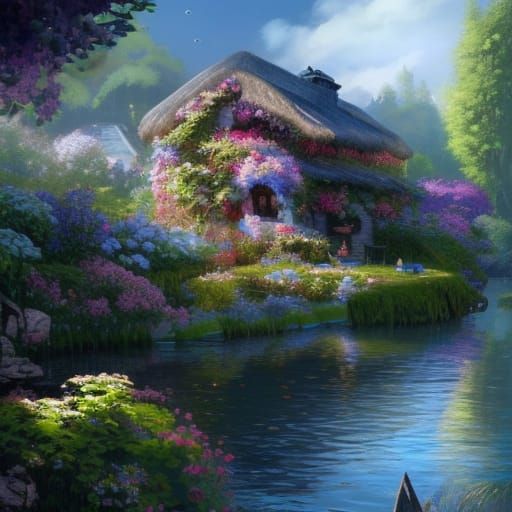 Idyllic Lakeside Cottagecore Village with Flower Garden