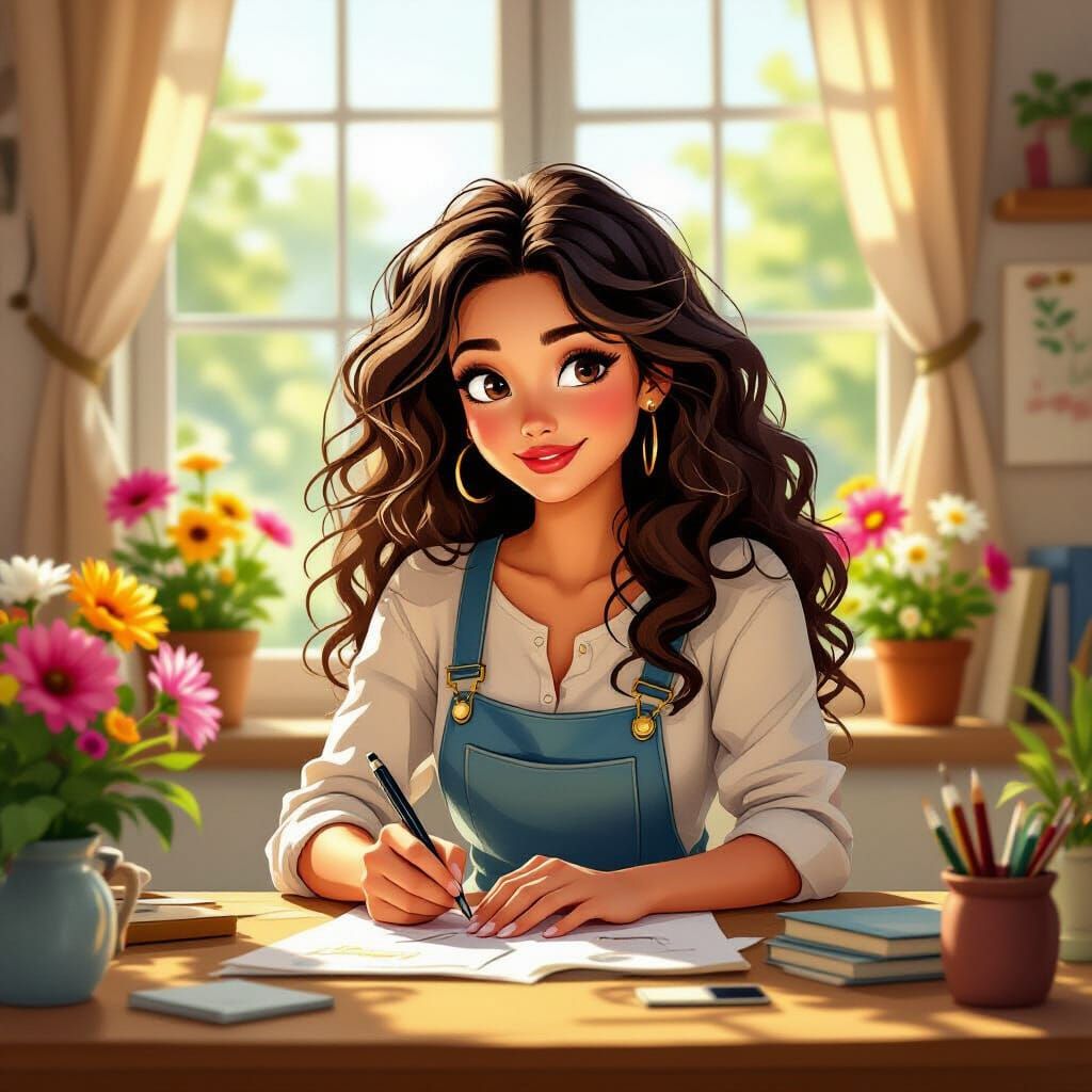 Nostalgic Studio Scene: Woman Working Amidst Flowers