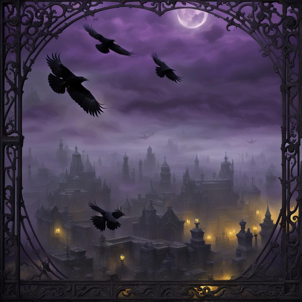 Crows Fly Over Cemetery in Dark Fantasy Style