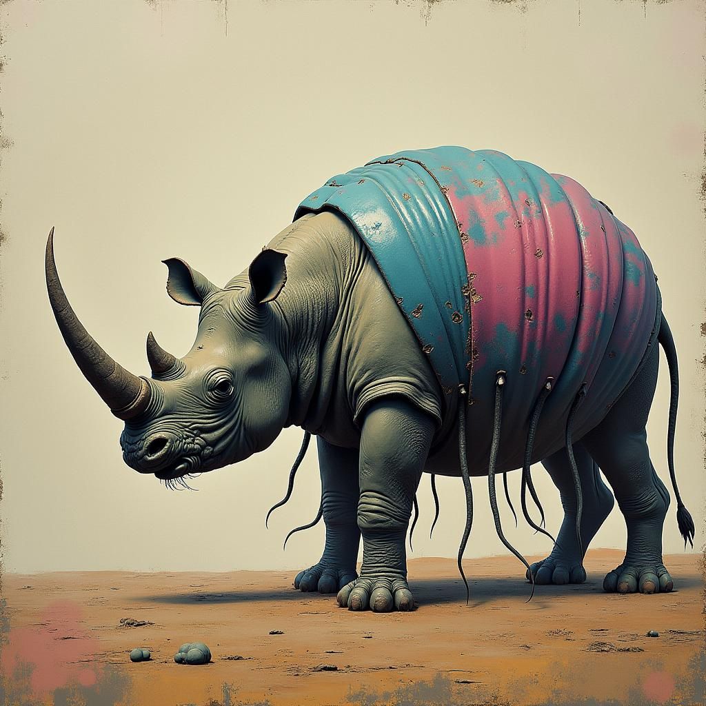 Rhino-Shrimp Hybrid Creature in Surrealist Style