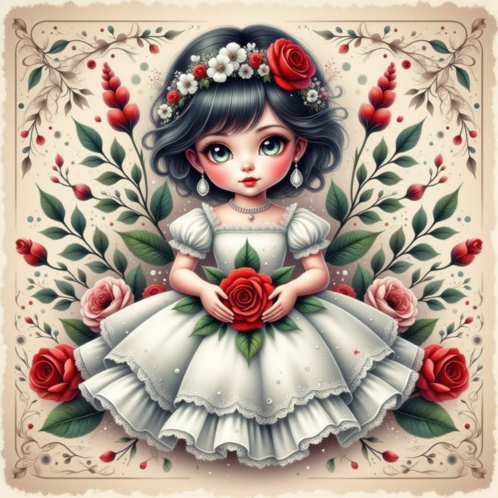 Vintage Realism of Dark Rose Doll in Digital Acrylic Art
