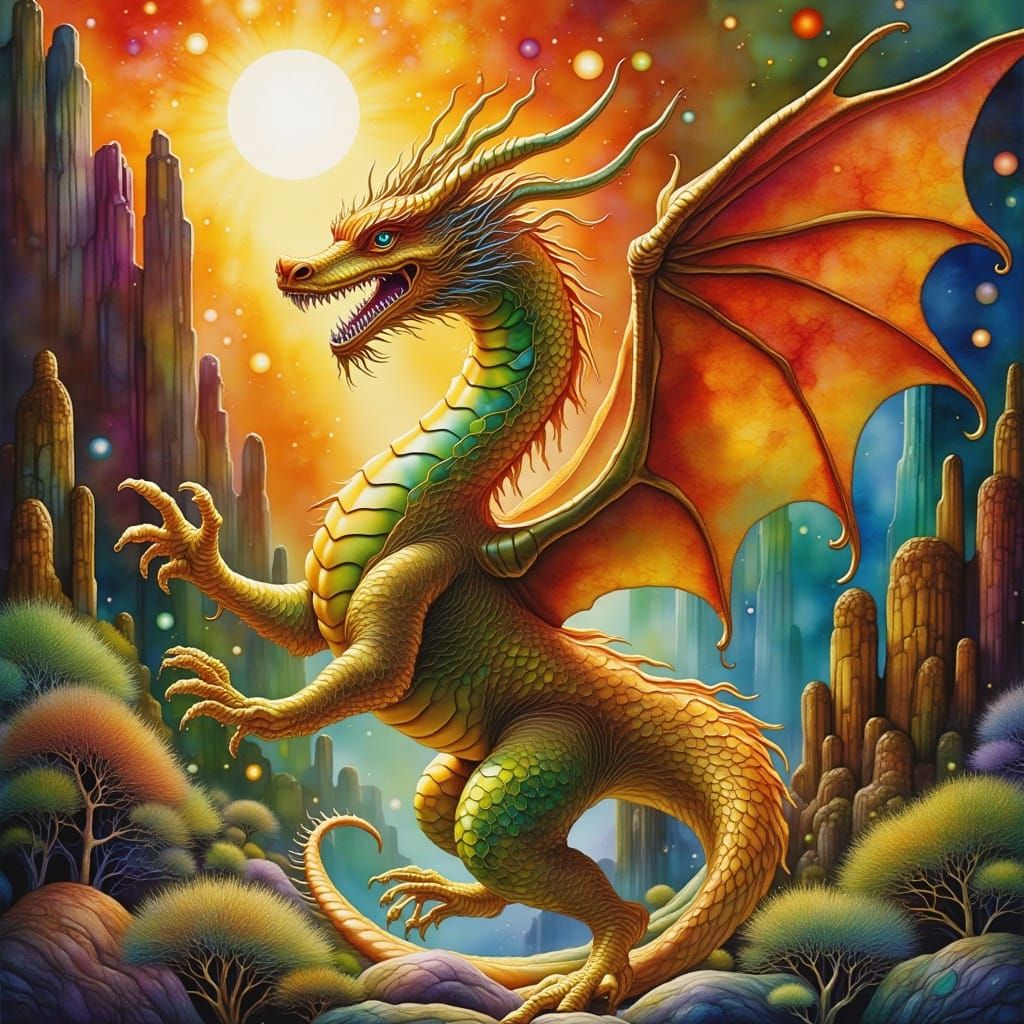 Majestic Gold Dragon Emerges: Mystical Realism Art