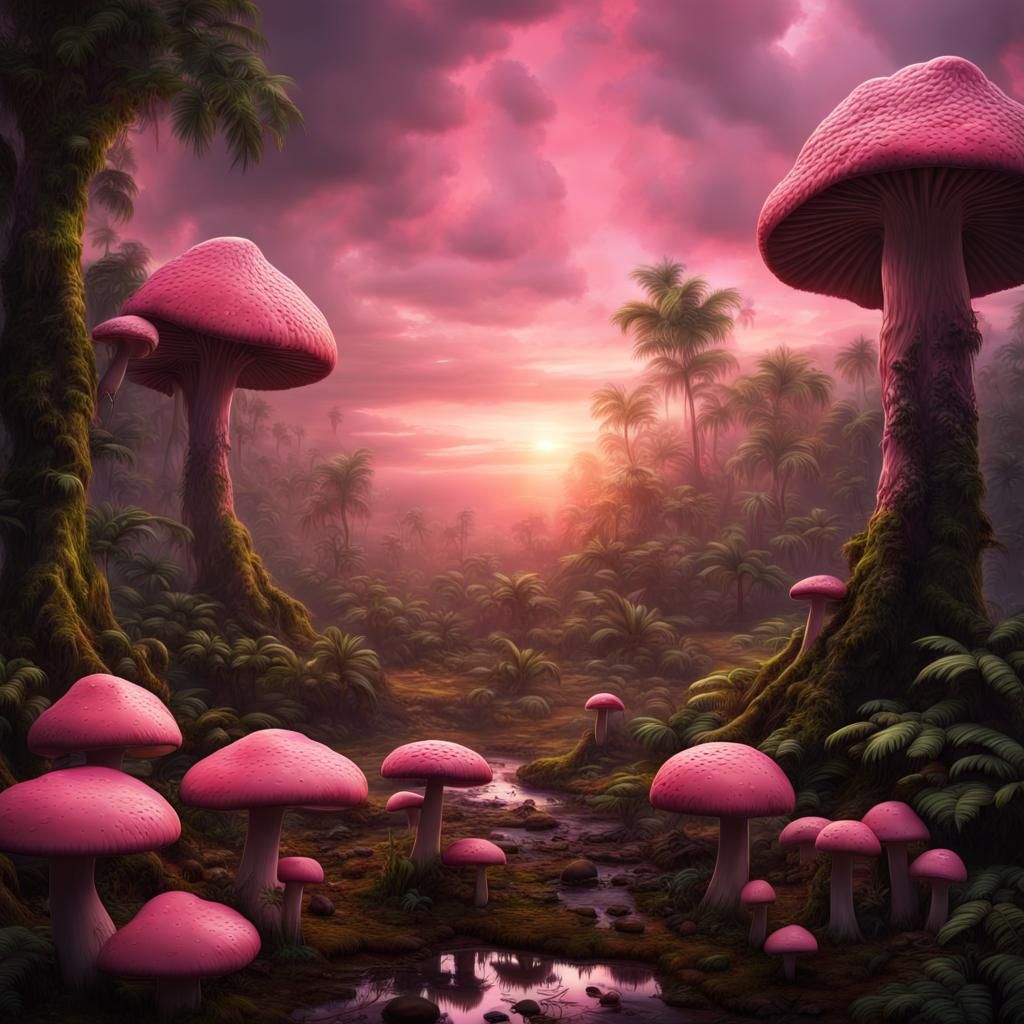 Rainforest Sundown: Pink Mushrooms in Digital Painting
