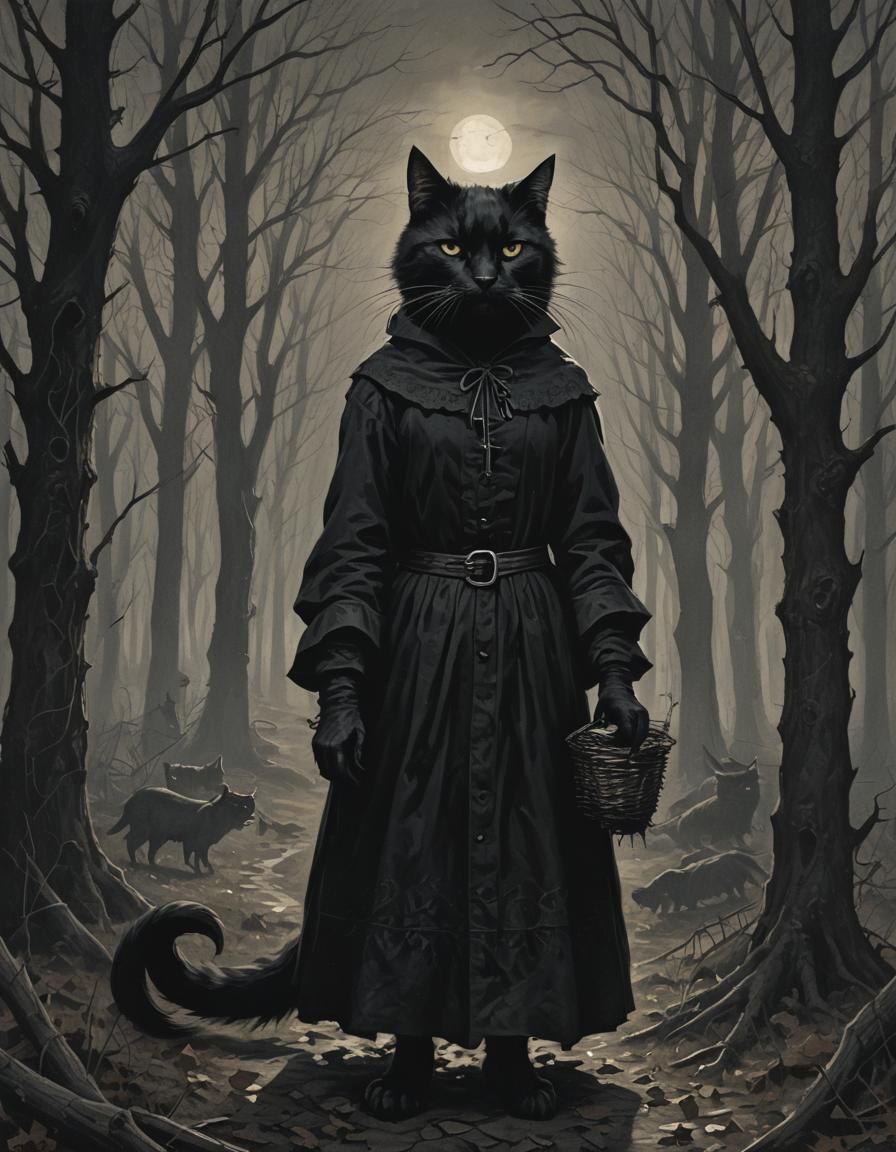 Creepy Black Cat in Dark Folk-Horror Style
