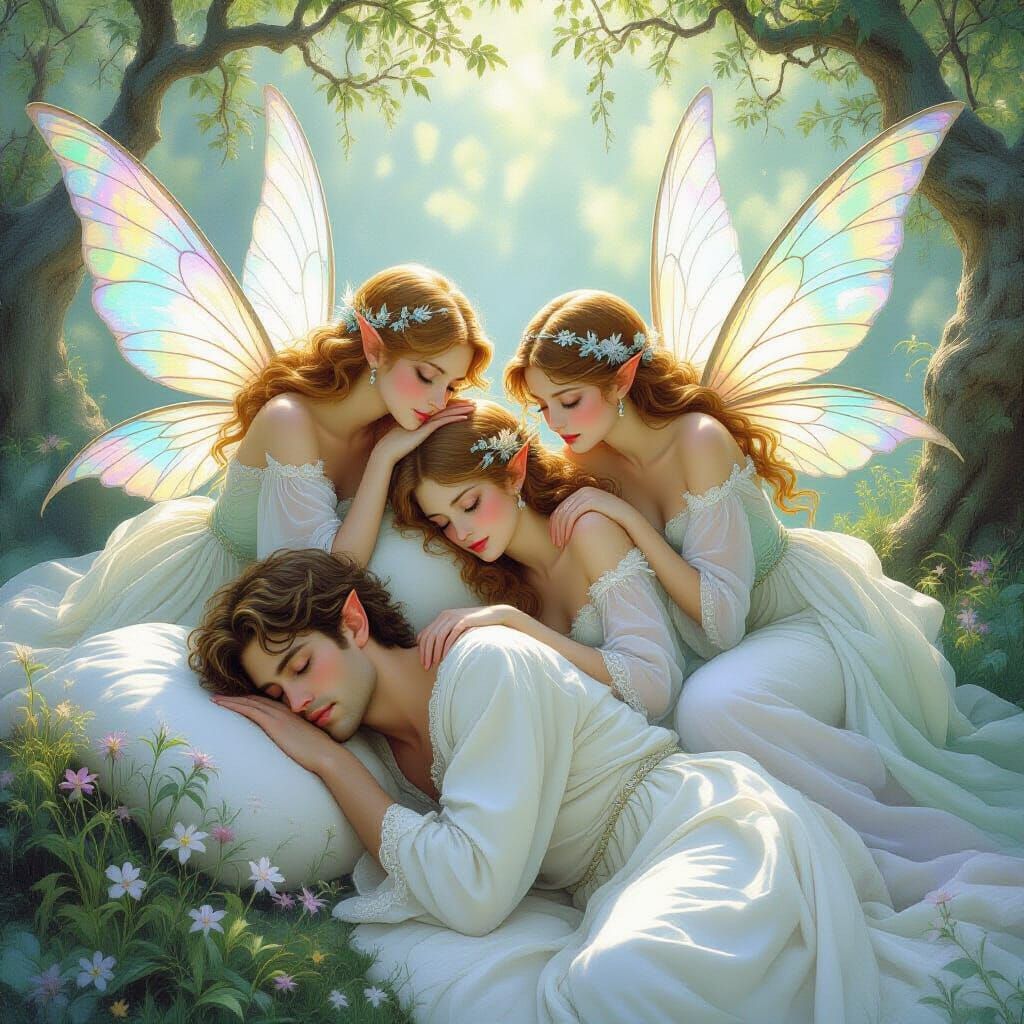 Fairies Guard a Sleeping Man in Whimsical Style