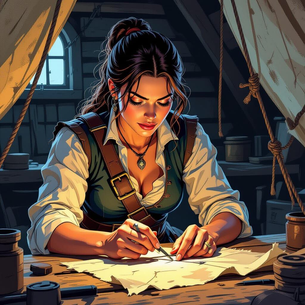 Determined Woman Mends Sail in Comic Book Style