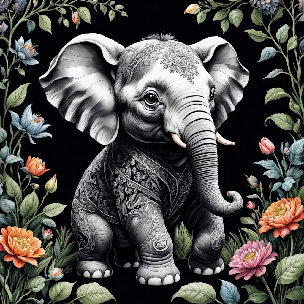 Elegant Black and White Elephant with Intricate Details