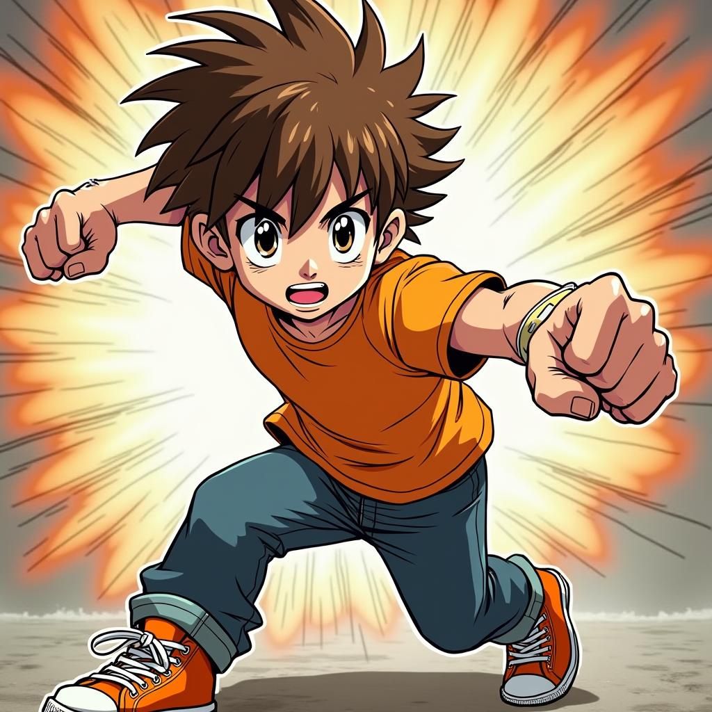 Energetic Boy Throws Punch in Studio Trigger Anime Style