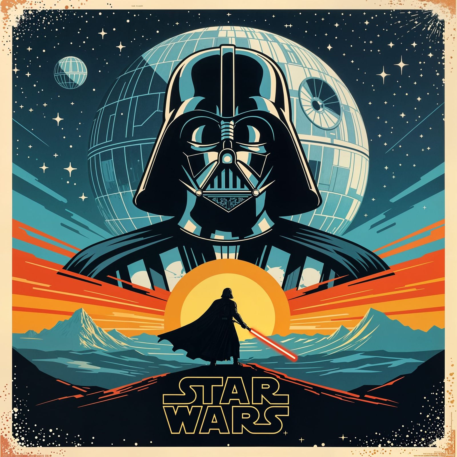 Star Wars Retro Poster with Darth Vader and Death Star