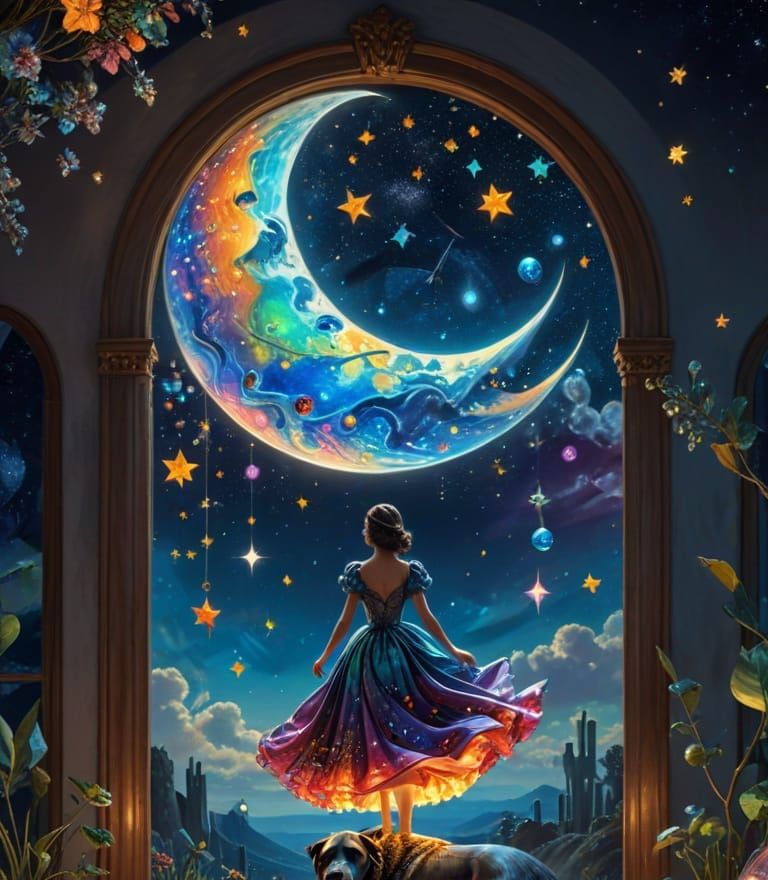 Lady in iredescent rainbow ballgown with a large dog, & cres...