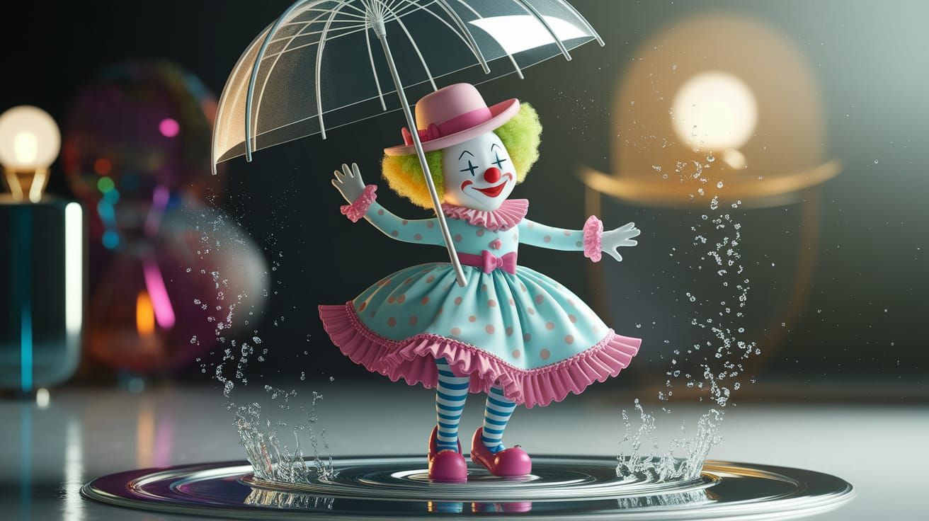 Whimsical Clown Dances Under a Dreamy Umbrella