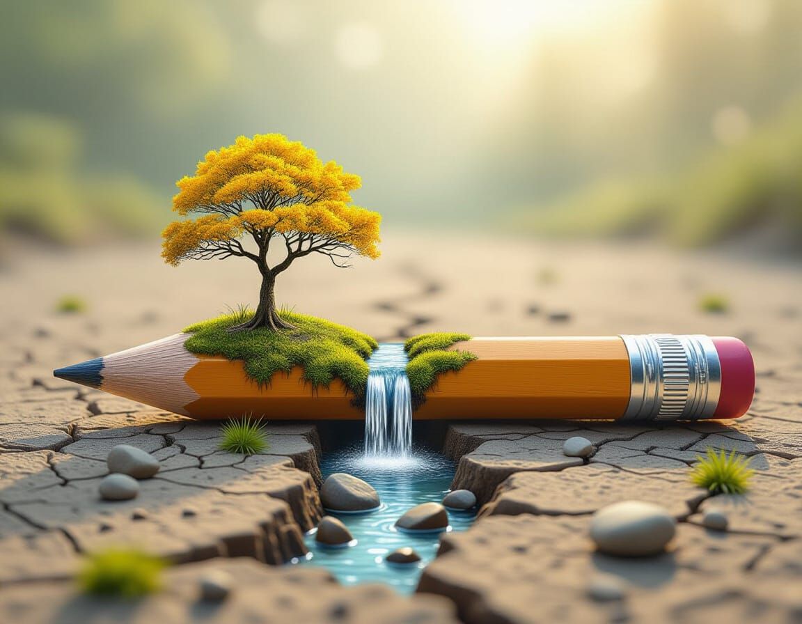 Pencil Grows Tree on Barren Ground, Painterly Realism Style