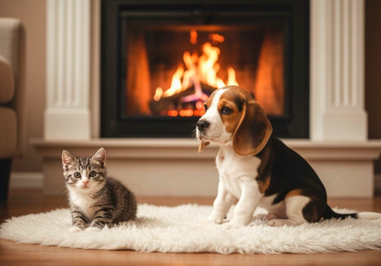 Smiling Kitten and Puppy Cuddle in Socks, Oil Painting