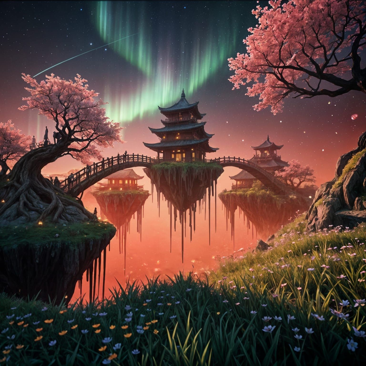 Floating Island Bridges in Vibrant Starry Skies