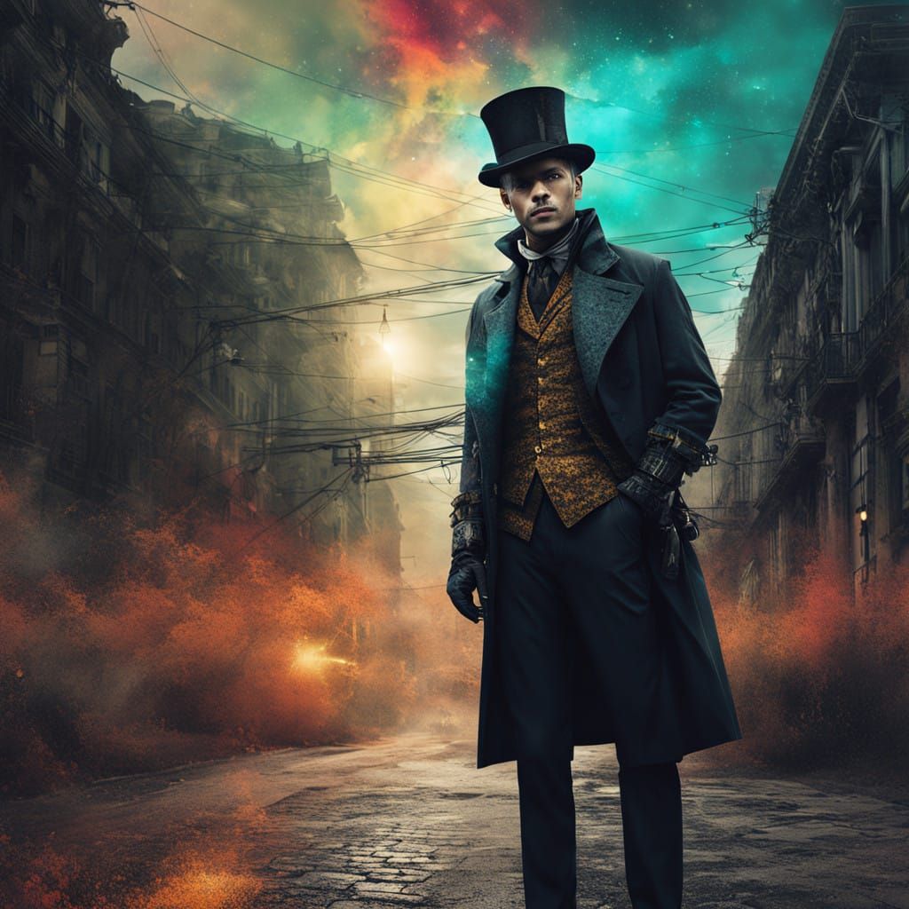 Steampunk Lord in Vibrant Clockwork Cityscape