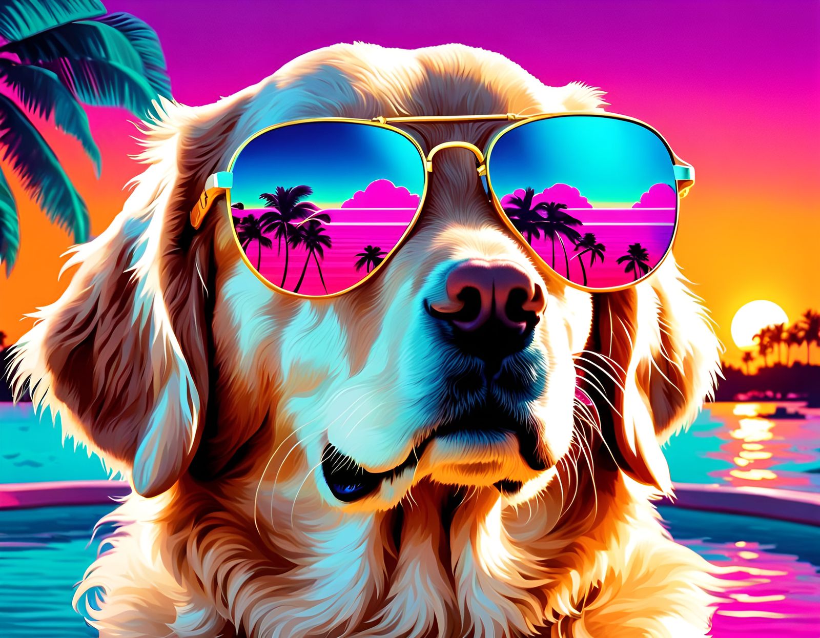 Golden Retriever Puppy in Vaporwave Art