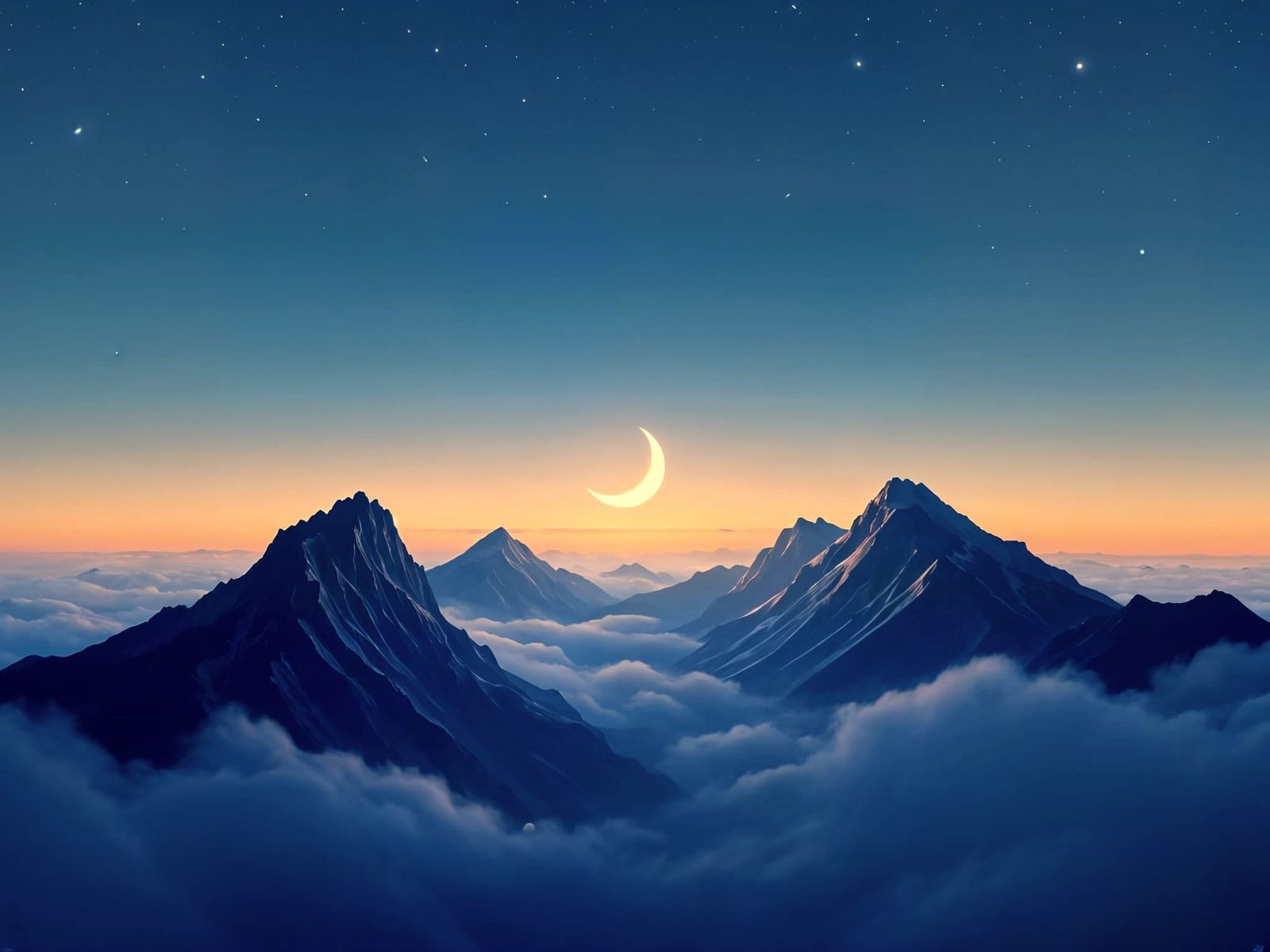 Crescent Moon Descending from Mountain Peak