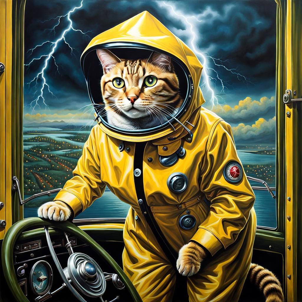 Anthropomorphic Cat in Stormy Pin-Up Fantasy
