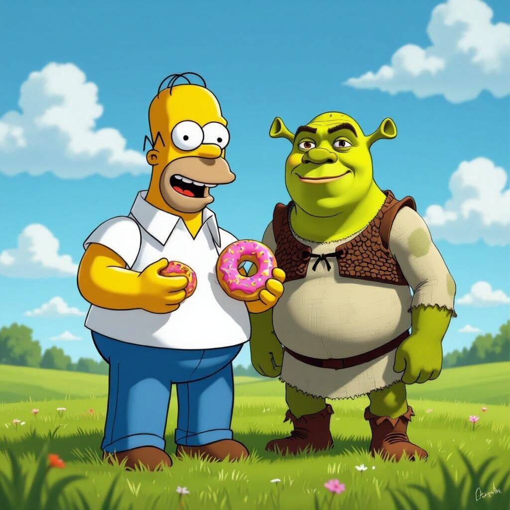 Homer Simpson and Shrek in a Cartoon Field