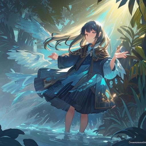 Winged Girl in Beach Treehouse, Digital Art