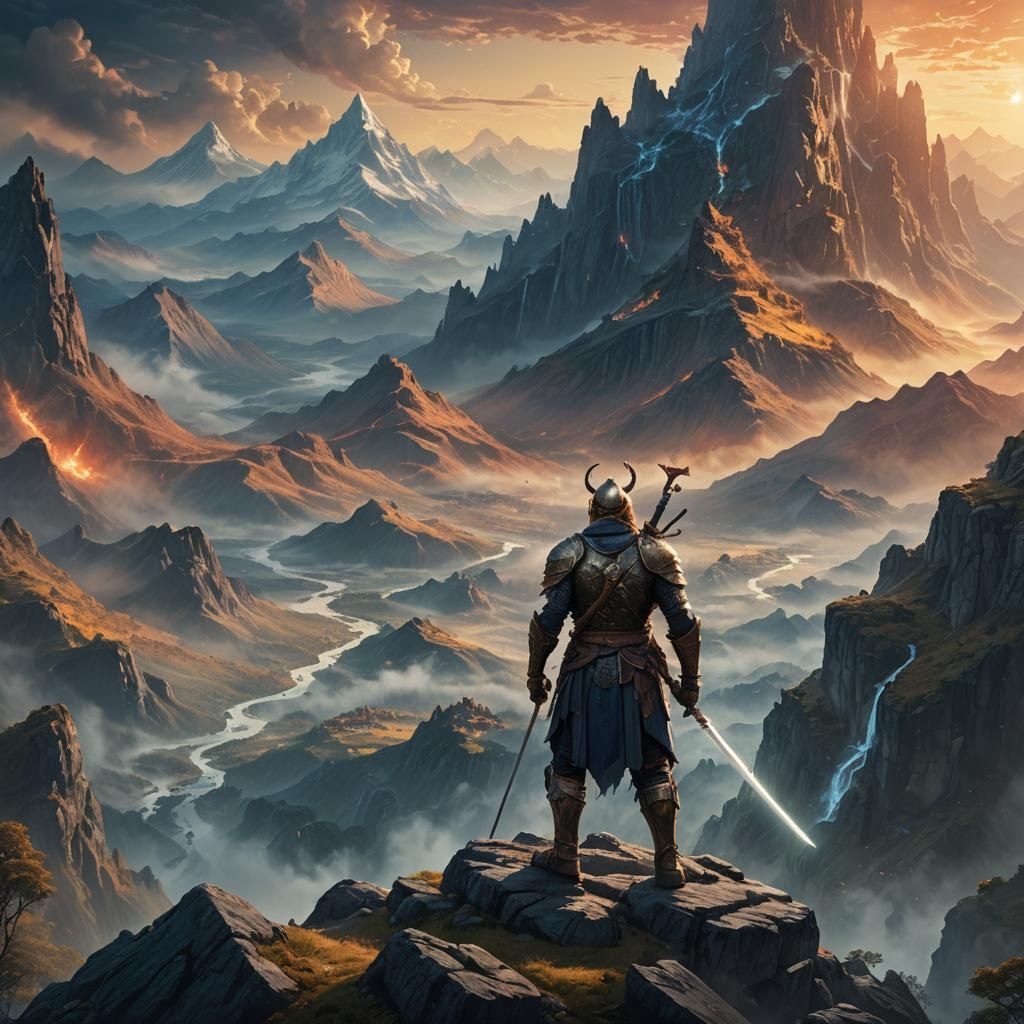 Heroic Warrior on Mystical Mountain in Fantasy Realm