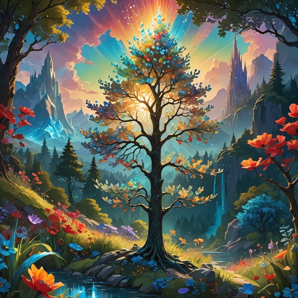 Nature-Tech-Fusion: Iridescent Tree Blooms in Vibrant Landsc...