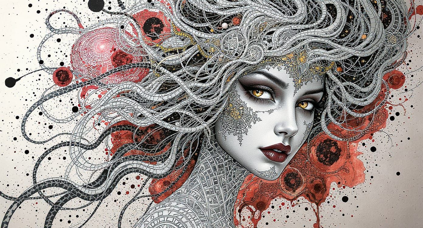 Cosmic Woman Portrait with Fractal Mosaic Hair