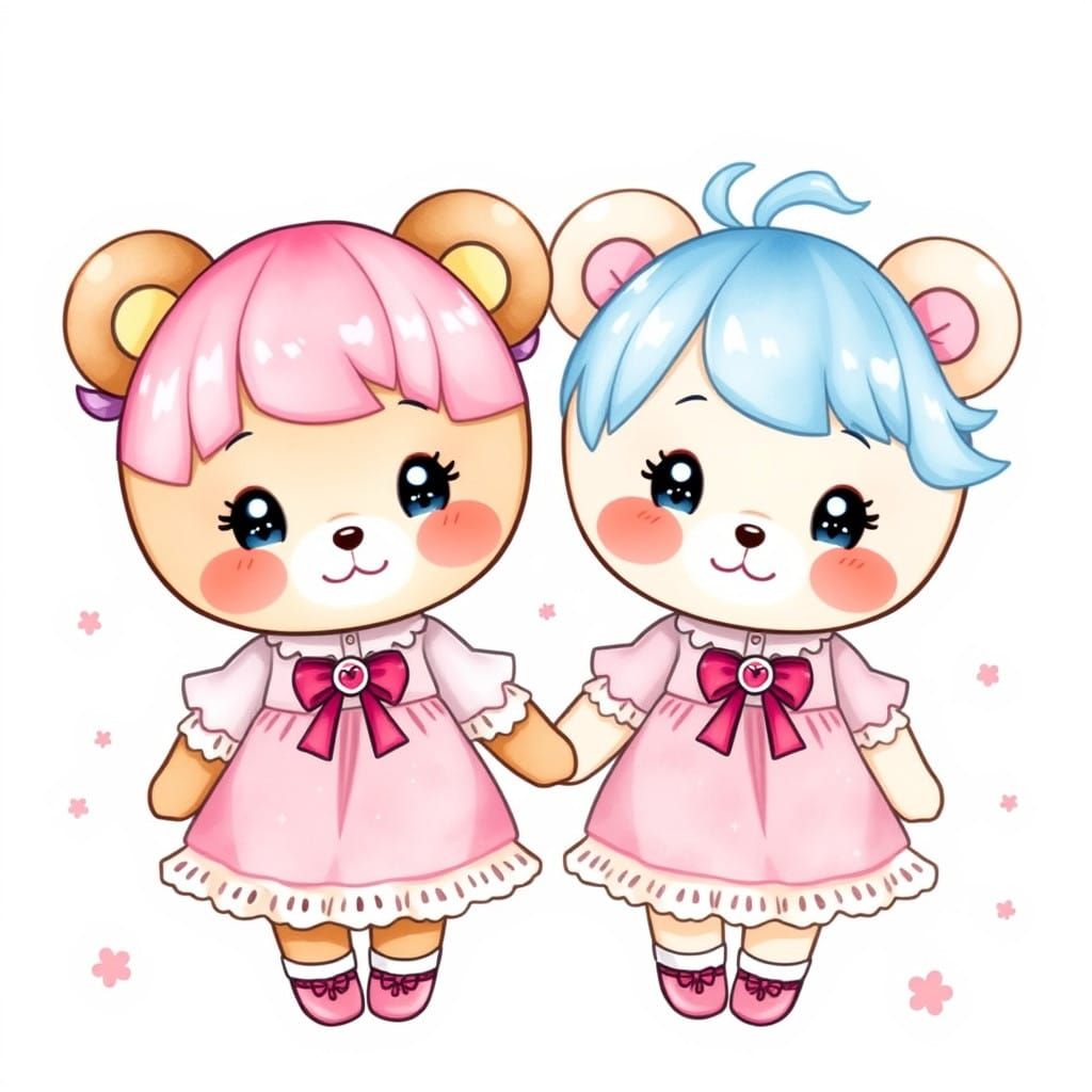 Delicate Kawaii Sisters in Whimsical Watercolor Style