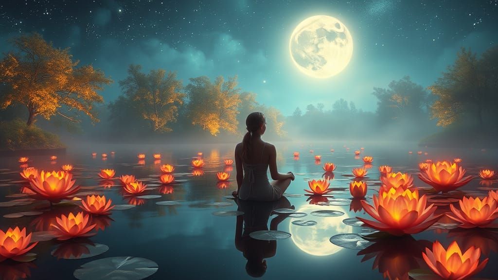 Ethereal Woman Among Glowing Water Lilies