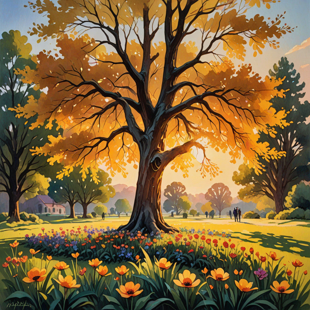 Impressionist Masterpiece of Vibrant Flowers and Majestic Tr...