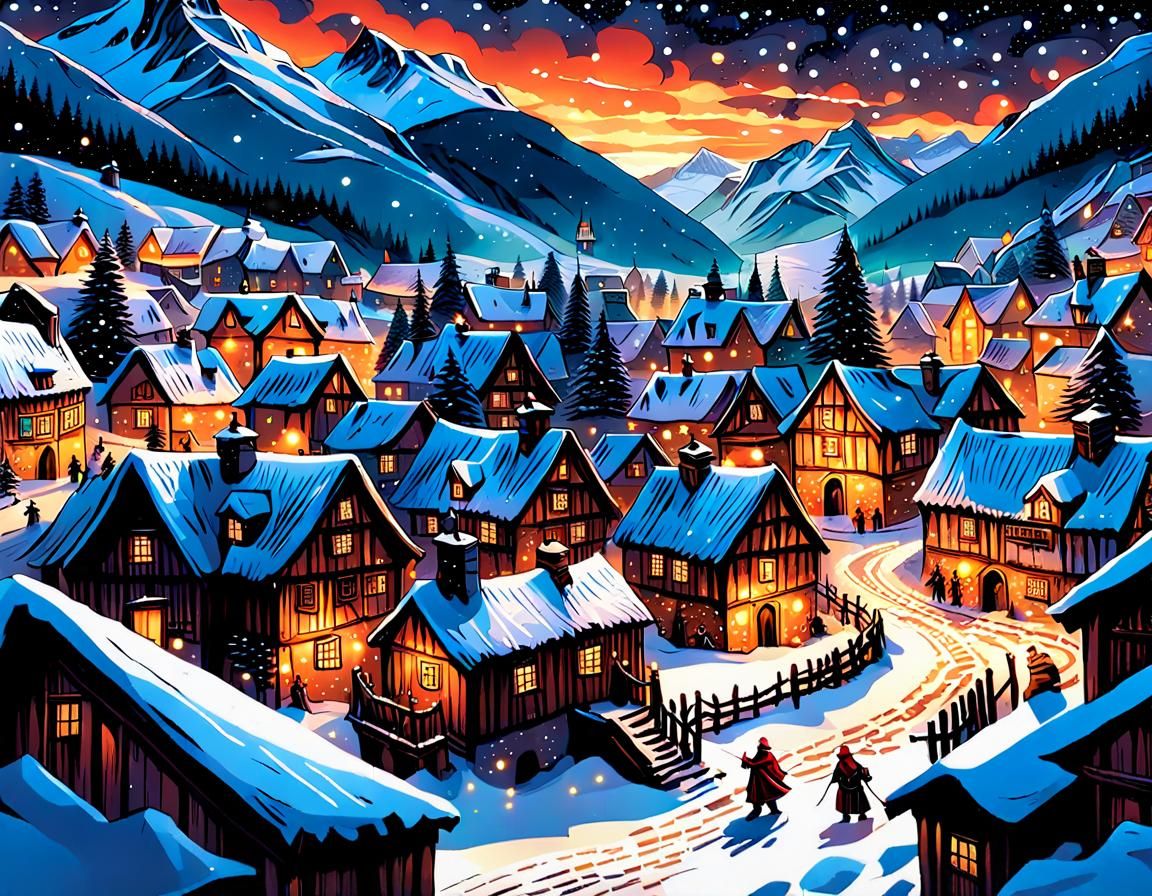 Festive Medieval Christmas Village in Winter Landscape