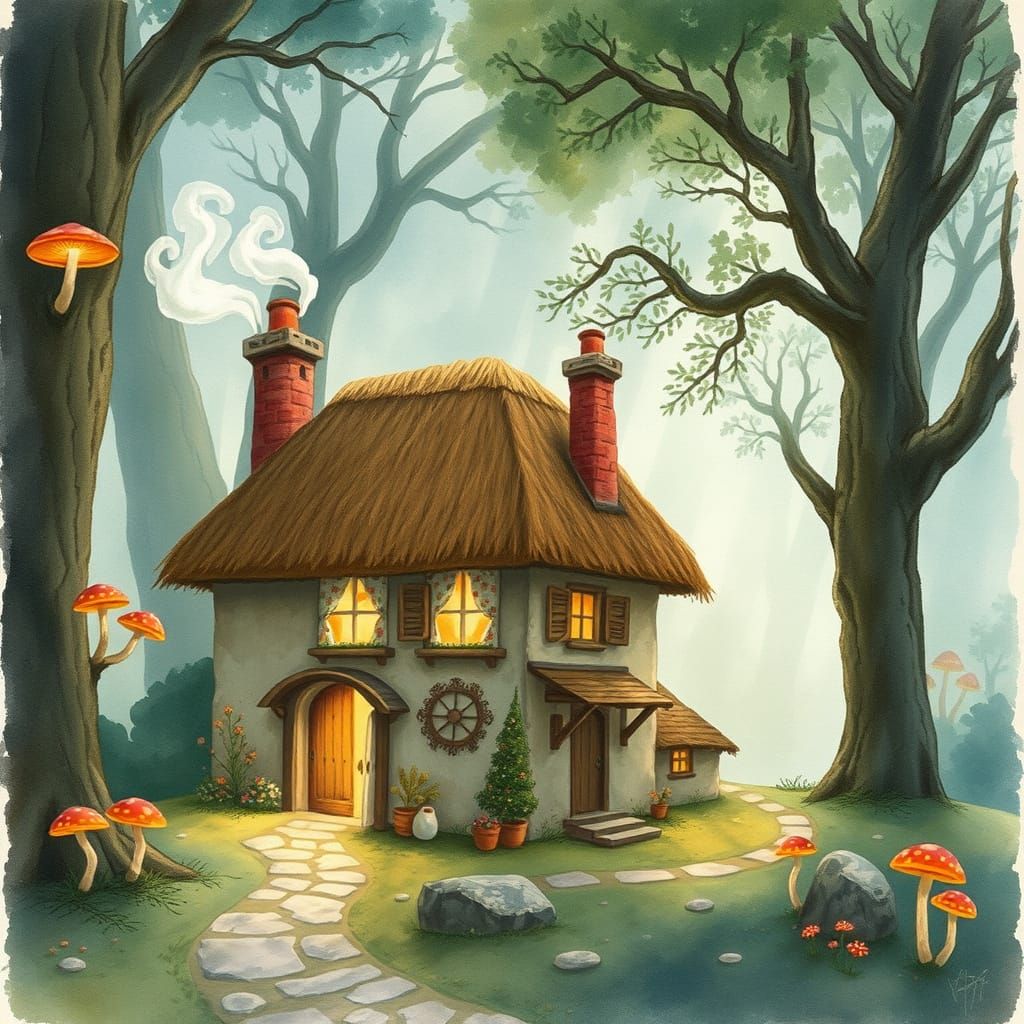 Enchanted Cottage in Forest, Whimsical Watercolor Art