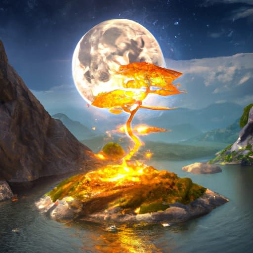 Golden Tree in Lake: Dark Fantasy Concept Art