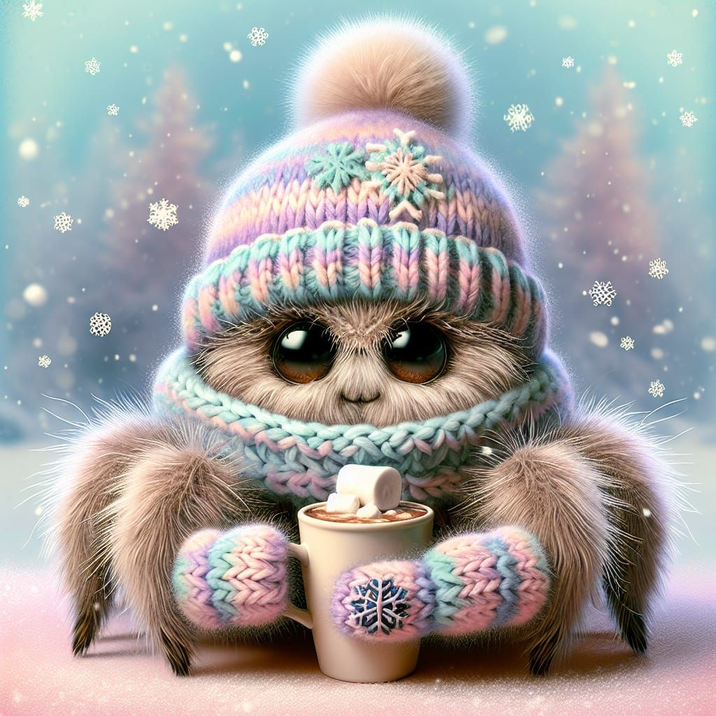 A semi-realistic image of a cute fluffy Spider wearing a cozy knitted hat with a tiny snowflake pattern, with matching s...