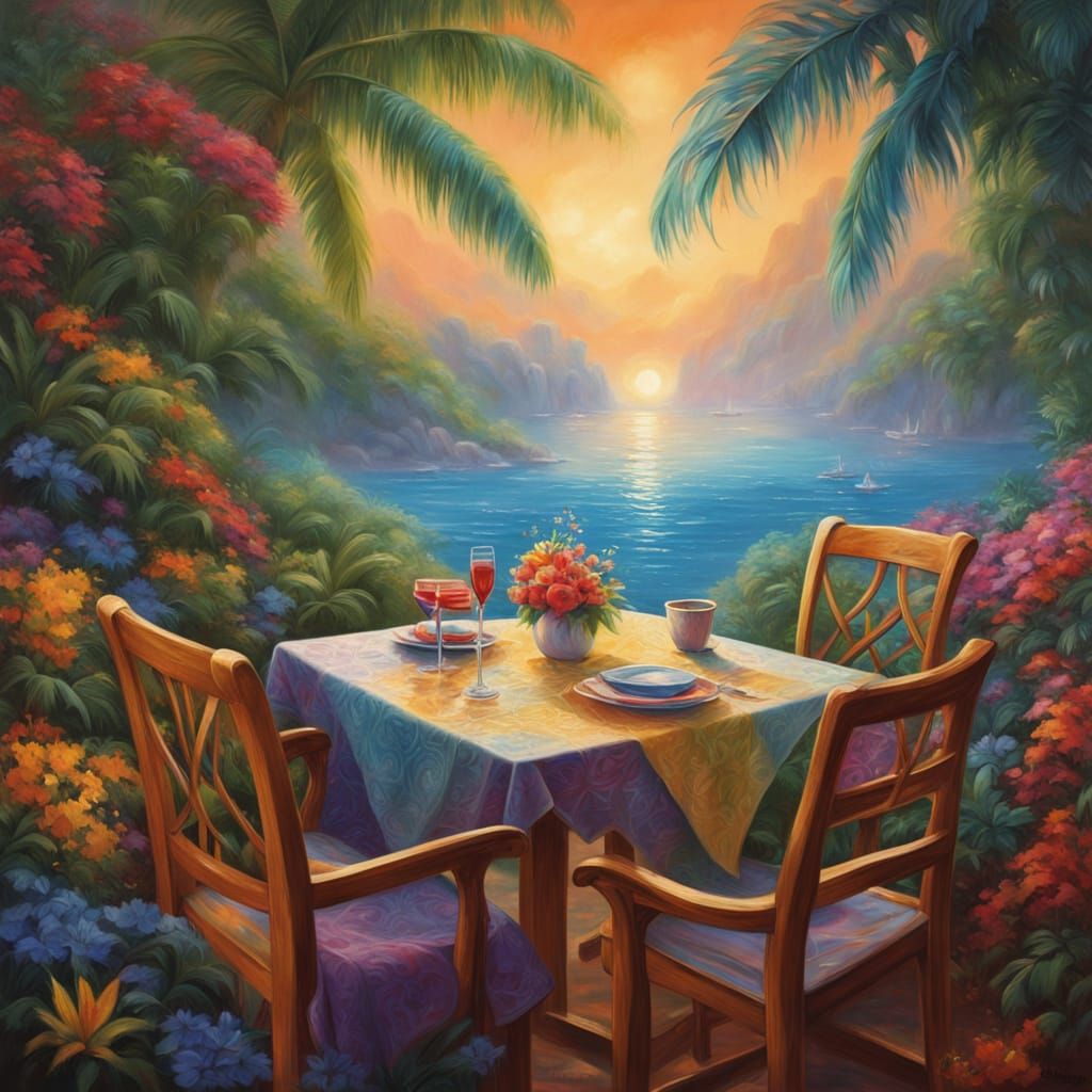 Romantic Couple in Tropical Garden, Airbrush Oil Painting