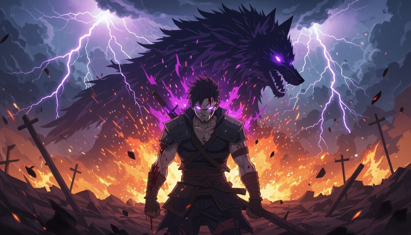 Dark Anime Warrior Rises in Shadow Wolf Aura