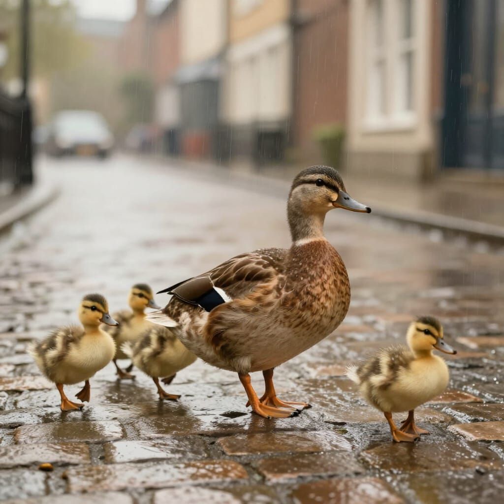 Ducks and Ducklings on a Rainy City Street