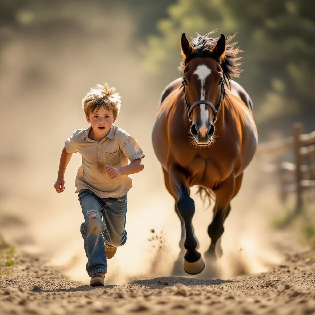 Boy Races Horse in Dusty Atmospheric Scene