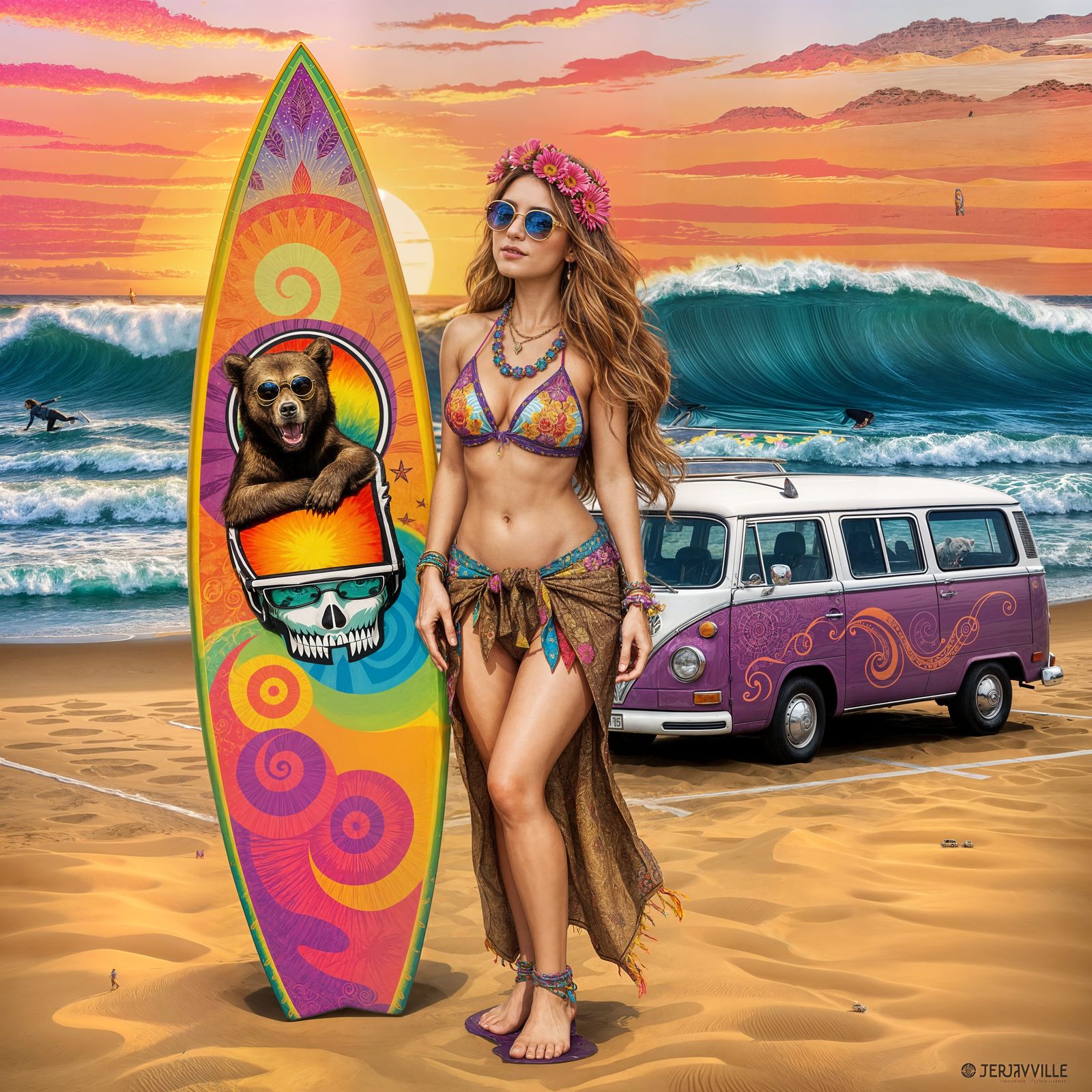 Psychedelic Surfboard Art in Boho Chic Style