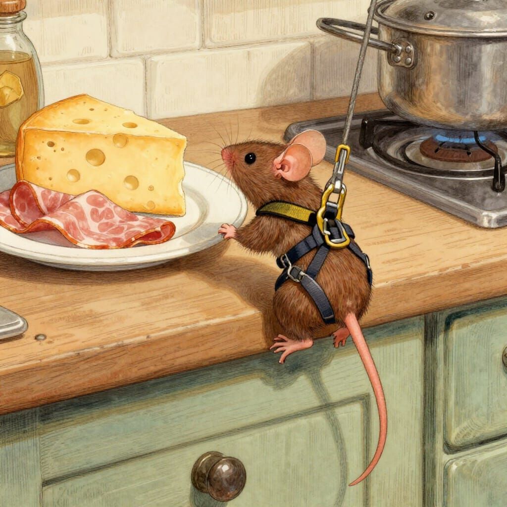 Adventurous Mouse Rappels Kitchen Bench for Cheese