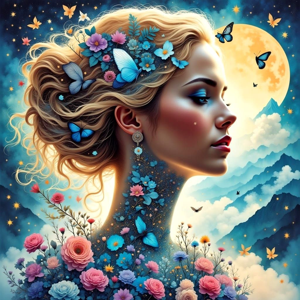 Blonde Goddess Among Whimsical Floral Bloom